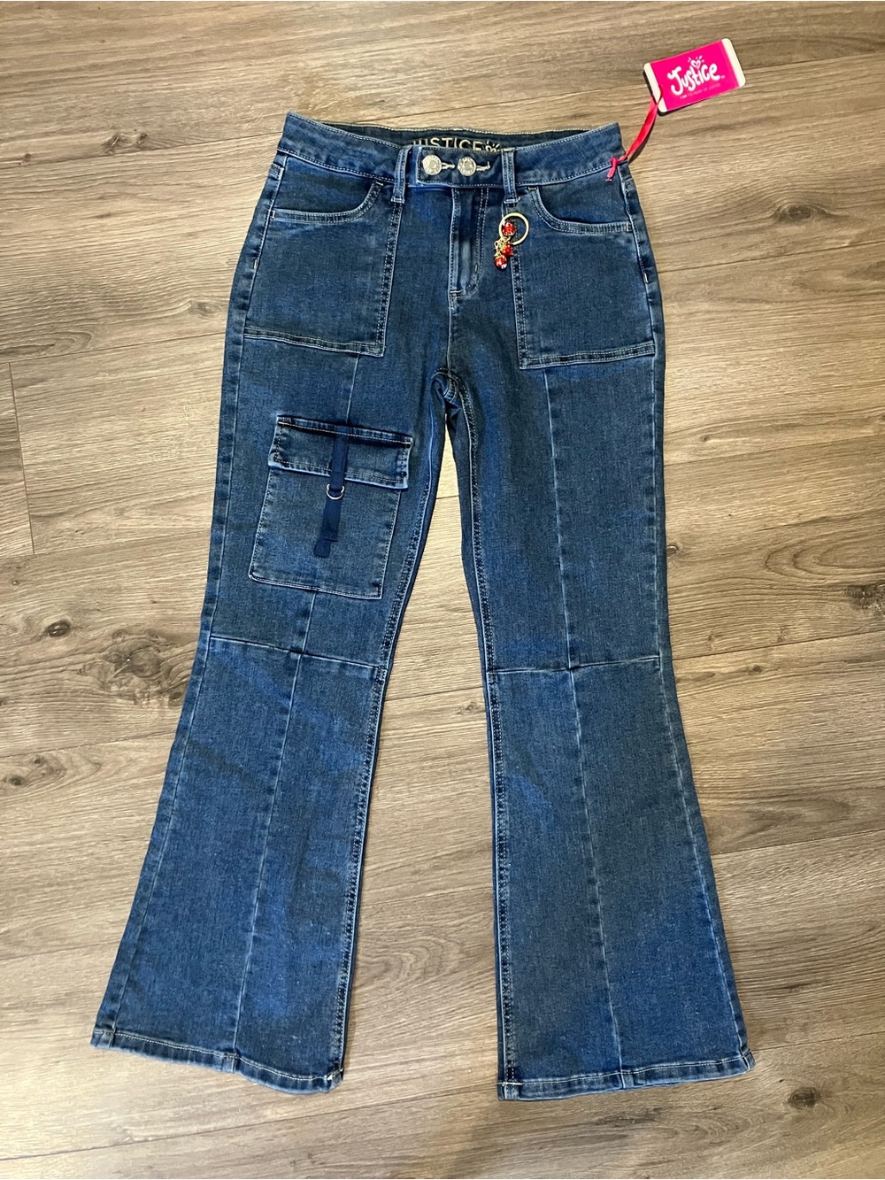 Justice Dark Blue Flare Cargo Jeans with Keychain